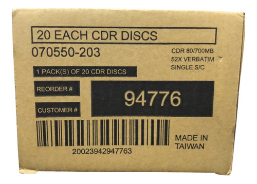 Disco Virgen Verbatim 94776 Para Cd Cd-r 52x Caja 20pz