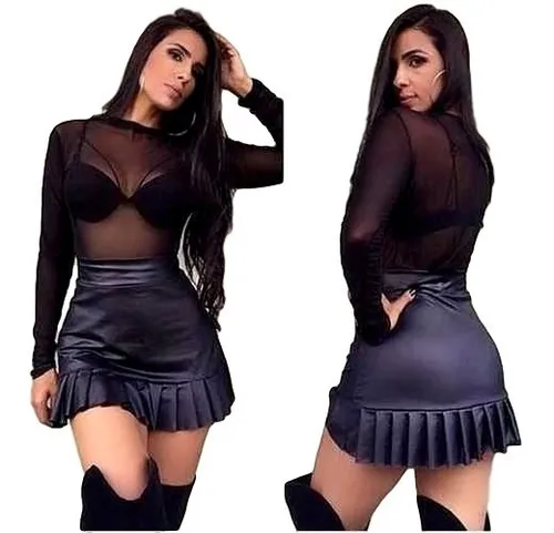 Blusa tule com sales saia de couro