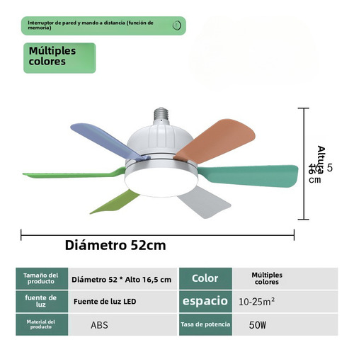 Ventilador de techo silencioso con luz LED, cambio de luz de 3 colores, ajuste de velocidad del viento de 4 velocidades