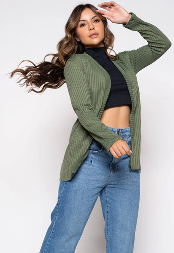 Imagem 2 de 9 de Cardigan Moda Blogueira Manga Longa Canelada Inverno Kimono