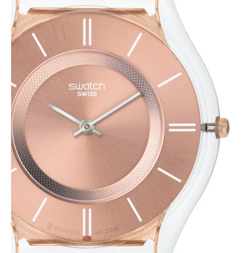 Reloj pulsera Swatch Originals Hello darling de cuerpo color transparente, analógico, para mujer, fondo rosa dorado, con correa de acero inoxidable color rosa, agujas color plateado, dial rosa, bisel color transparente y hebilla de gancho