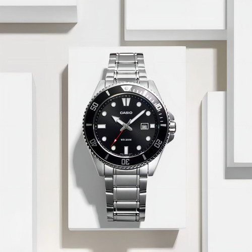 Reloj Casio Hombre Mdv-107d-1a1 Analogico 200m Acero Inox Color De La Malla Plateado Color Del Bisel Negro Color Del Fondo Negro