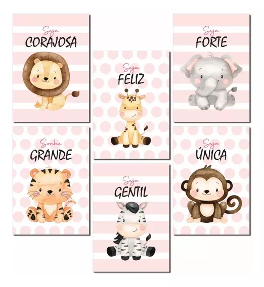 Kit Quadrinhos Decorativos Safari Baby Menina Seja Corajosa