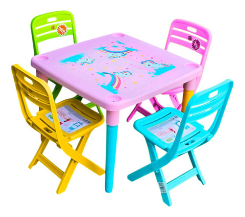 Mesa Infantil Desmontable Con 4 Sillas Plegables Colores