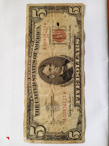 Imagen 2 de 4 de Billete De 5 Dolores Cello Rojo Série