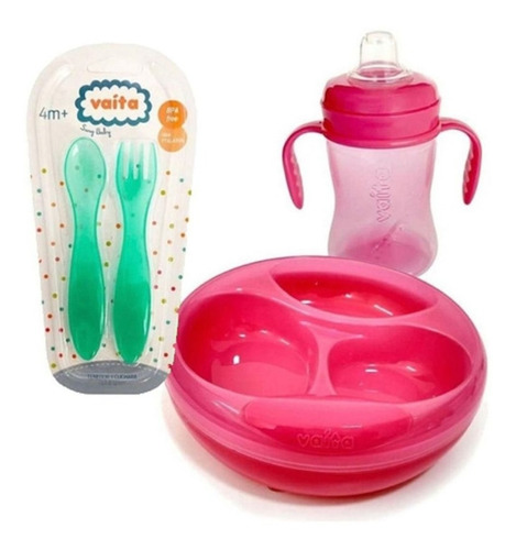 Combo Bebe Plato Térmico Con Sopapa + Cubiertos Vaita + Vaso