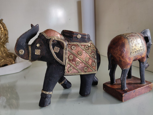 Antiguo Elefante De Madera Y Bronce Dorado (Usado)