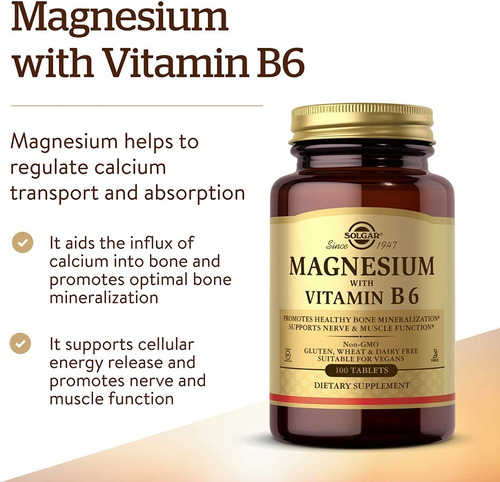 Magnesio 400 Mg Con Vitamina B6 25 Mg Solgar 100 Tabletas