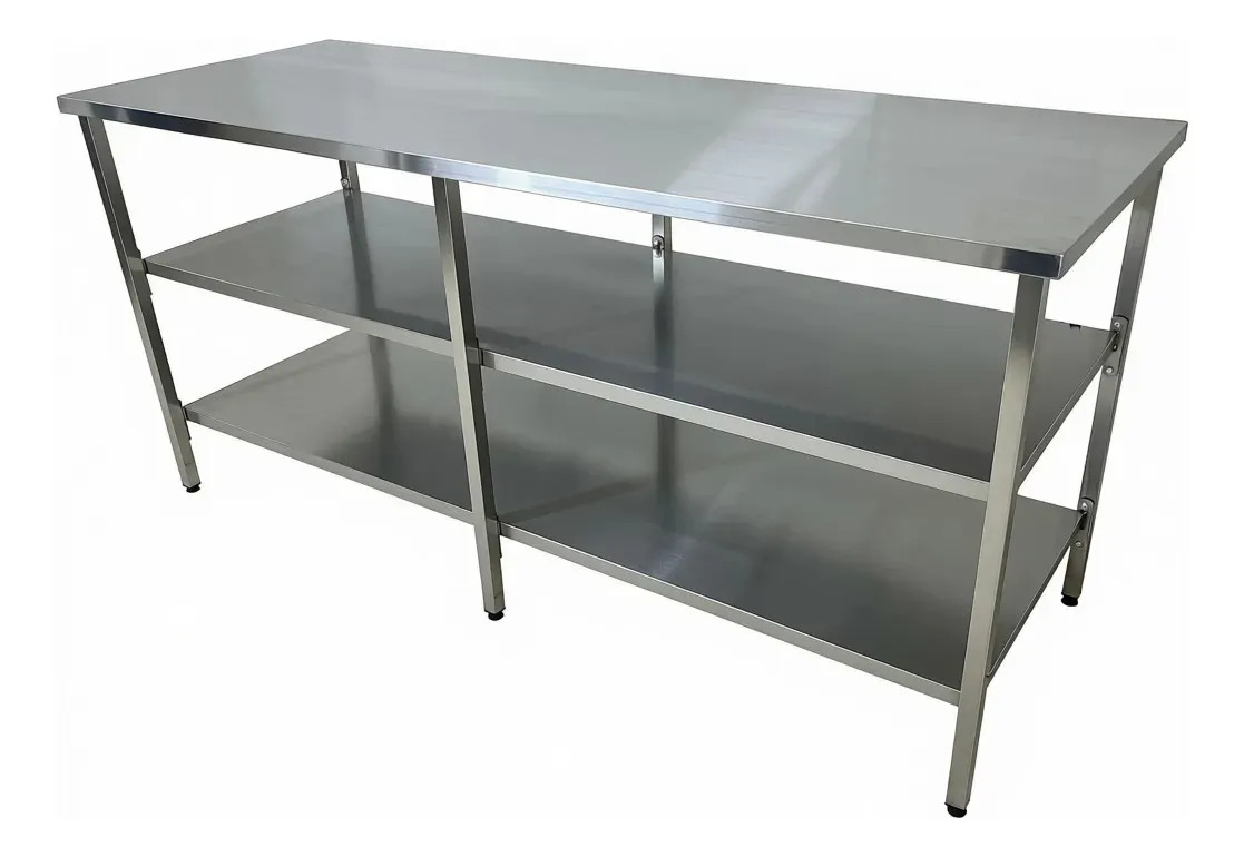 Mesa Inox 150 com 2 Prateleiras Lisas 150x70x90 Industrial