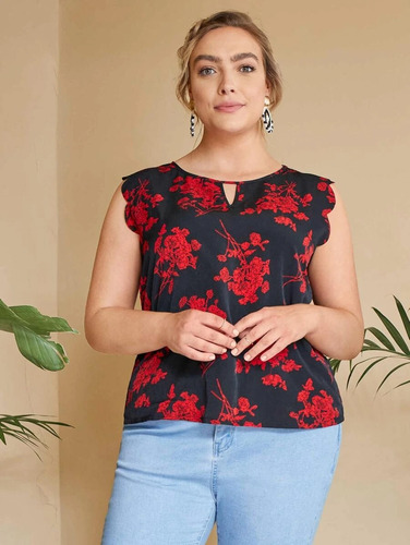 Blusa Negra Flores Grandes, Tallas Extras 3xl