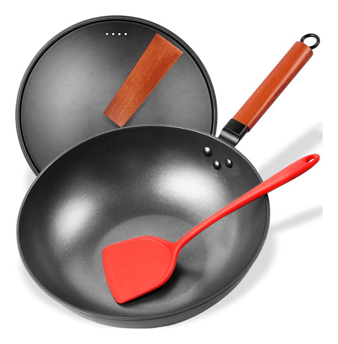 Wok Antiadherente De Acero Con Tapa Y Espátula De Silicona