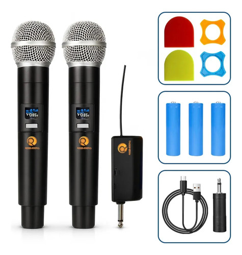 Kit 2 Microfones Sem Fio Dinâmico Duplo Recarregável Profissional Uhf Led Karaokê Palestras Shows Igrejas Apresentações Bar Cancelamento De Ruído Anti-larsen Bateria Cardioide Palco Reuniões Risemberg