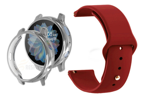 Pulseira Silicone Para Galaxy Active2 40 Capa Proteção Total Cor Prata - Vermelho Vinho