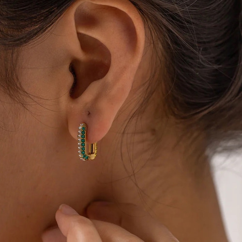 Aretes Arracadas Rectangular Multicolor Rainbow Baño Oro 18k