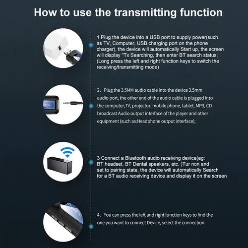Transmisor Receptor 2 En 1 Usb Bluetooth 5.0 Con Lcd