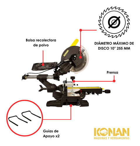 Sierra Ingletadora 255mm 1800w Telescópica Konan Taller