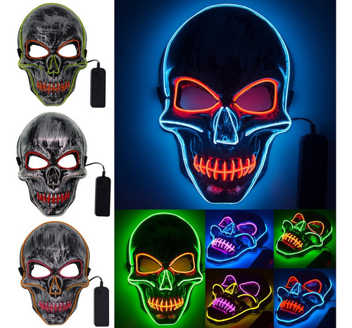 Máscara Halloween Calavera Con Luces Led Efecto Neón Pilas 