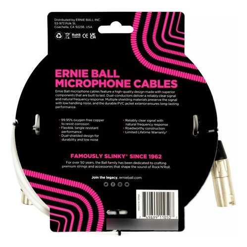 Cable XLR XLR para micrófono, 6 m, blanco, P06389 Ernie Ball