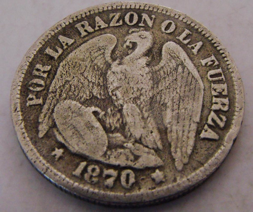 Monedas Chile Medio Peso, 50 Centavos Plata 1870