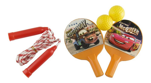 Kit Com 2 Raquetes De Ping Pong E Pula Corda Carros Disney Cor Colorido