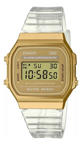 Reloj Casio Vintage A-168xesg-9a Unisex Wr Casio Centro Color De La Malla Transparente Color Del Bisel Dorado Color Del Fondo Dorado