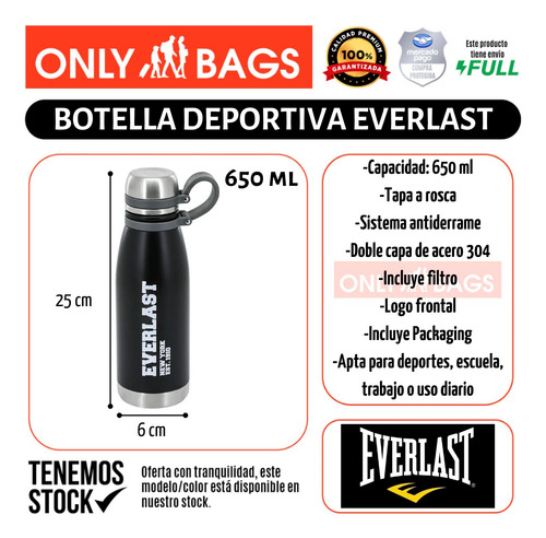Botella Deportiva Everlast Termica 650 Ml Acero Inoxidable Negro
