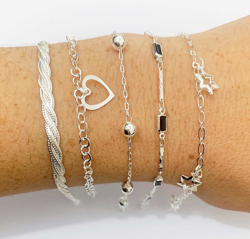 Imagem 5 de 5 de Kit Pulseiras Folheadas A Prata Com 05 Peças.