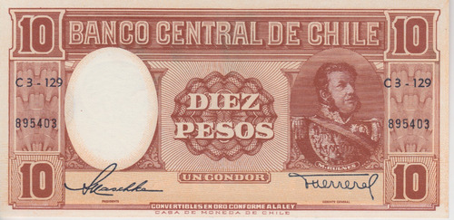Imagen 3 de 4 de Billete 10 Pesos Chile 1948-1958 Maschke-herrera Unc