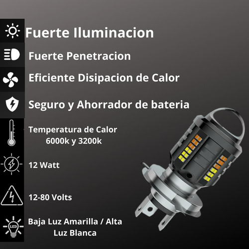 Foco Lupa Proyector Luz Bco Amarillo Moto Pulsar Discover125 H4 Negro Blanco Y Amarillo
