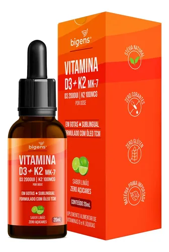 Vitamina D3 + K2 Mk-7, Em Gotas, D3 2000ui | K2 100mcg, Sabor Lim...