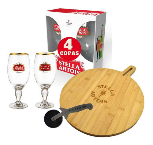 Tabla De Pizza Y 4 Copas Stella Artois Corta Pizza De Regalo