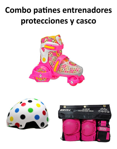 Combo De Patines Entrenadores Casco Y Protecciones Fun Roll 13 - 17mx 9 Cm Rosa 17-20