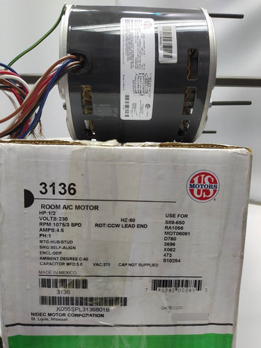 Imagen 2 de 3 de Motor Evaporador 2 Ejes 1/2hp 1075rpm 220v 3136 Us Motors