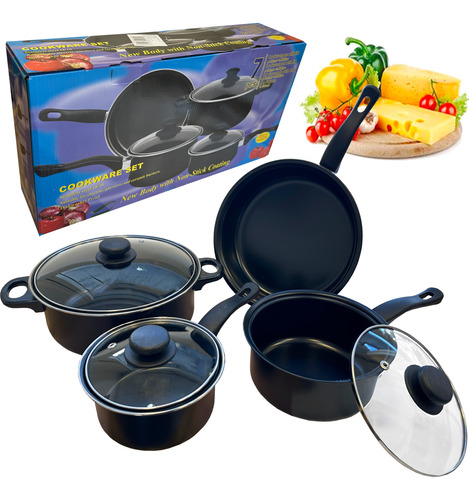 Juego De Cocina Set Ollas Cacerola + Sarten 7 Piezas Coated