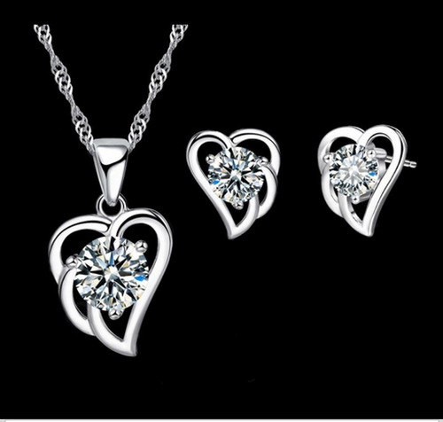 Set Collar Y Aretes Baño Plata 925, Corazon Sweet Love