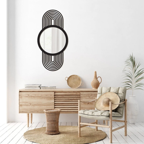 Espejo Circular Bauhaus Moderno Mid Century Base Madera 80cm Marco Negro