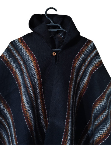 Poncho Artesanal De Alpaca Negro Lineas Con Diseño Eco