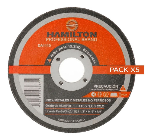 Disco Corte Abrasivo Pack X5 Para Amoladora 115x1mm Hamilton