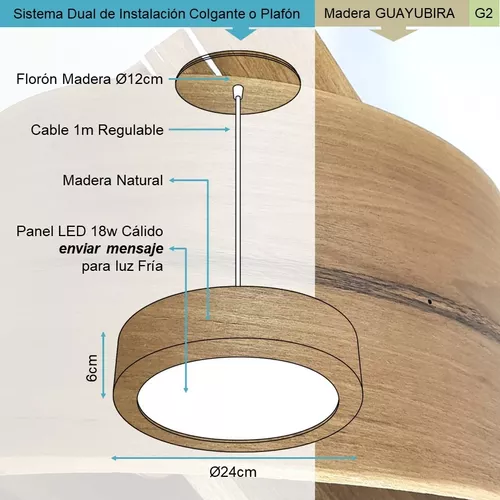 Lampara Techo Colgante Dual 24x6 18w Tubo Madera G2