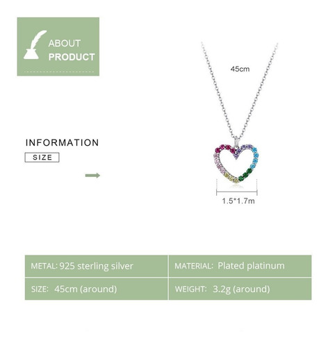 Collar De Plata S925 Con Circones Arcoíris Diseño Corazón