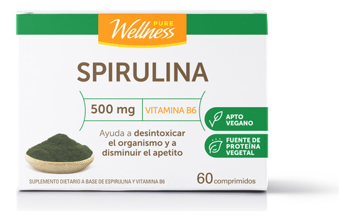 Suplemento Dietario Spirulina Pure Wellness 500 Mg X 60 U