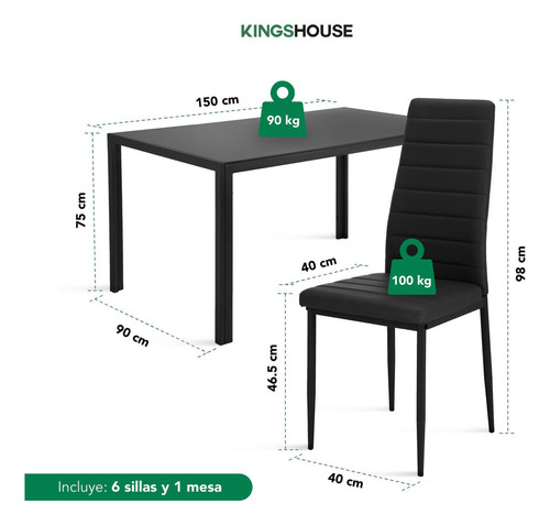 Juego Comedor 6 Sillas Con Mesa De Vidrio Templado Rectangular Estructura Metálica Para 6 Personas Moderno Color Negro Kingshouse