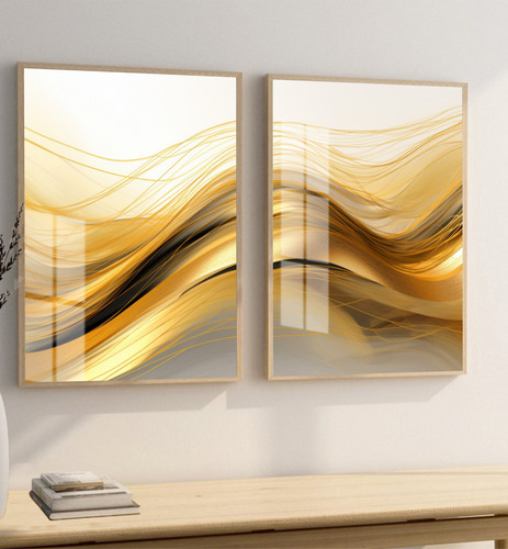 Kit 2 Quadros Decorativos Abstrato Faixa Dourada Com Vidro