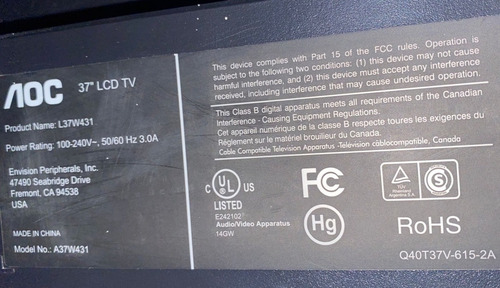 Imagen 3 de 3 de Televisor Aoc 37lcd Tv Para Repuesto