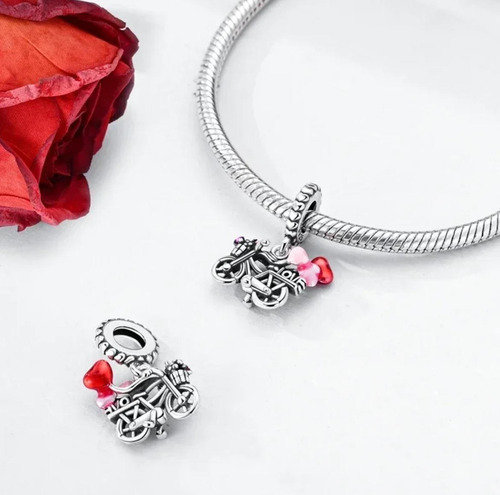 Charm Dije - Importado Plata 925 - Colgante Bici Amor Rojo-rosa-fuxia-plata