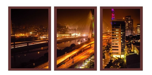 Quadro Com Moldura Ponte São Paulo Noturna 3pc 124x60