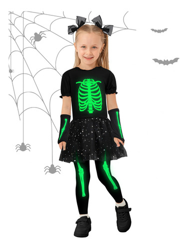 Disfraz De Esqueleto De Halloween Para Niñas Que Brillan En