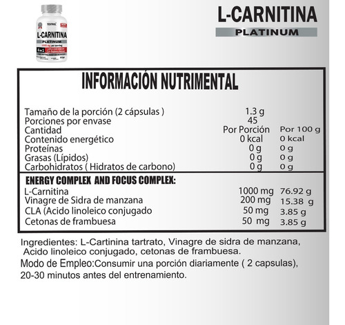 Imagen 2 de 7 de L-carnitina Platinum 1000mg | 4 En 1 | Testrol 90 Cap