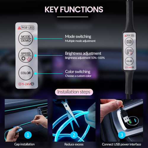 Tira De Luces Rgb Para Interiores De Coche, 5 M, Usb, 5 V