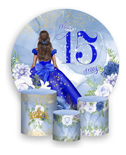Painel Festa Redondo + Trio Capas 15 Anos Princesa Azul 142 Cor Colorido
